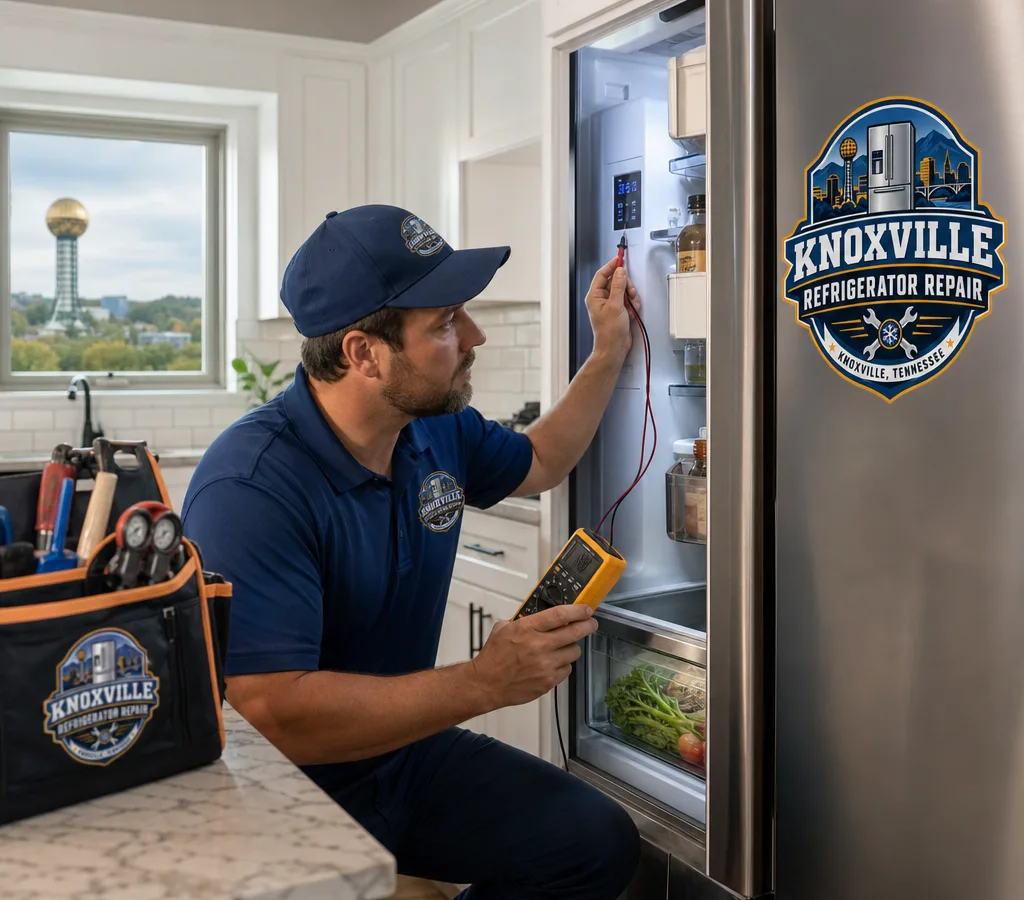 Technician diagnosing a refrigerator in a Knoxville kitchen
