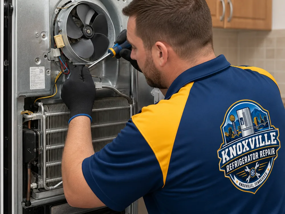 Technician inspecting a refrigerator evaporator and fan assembly