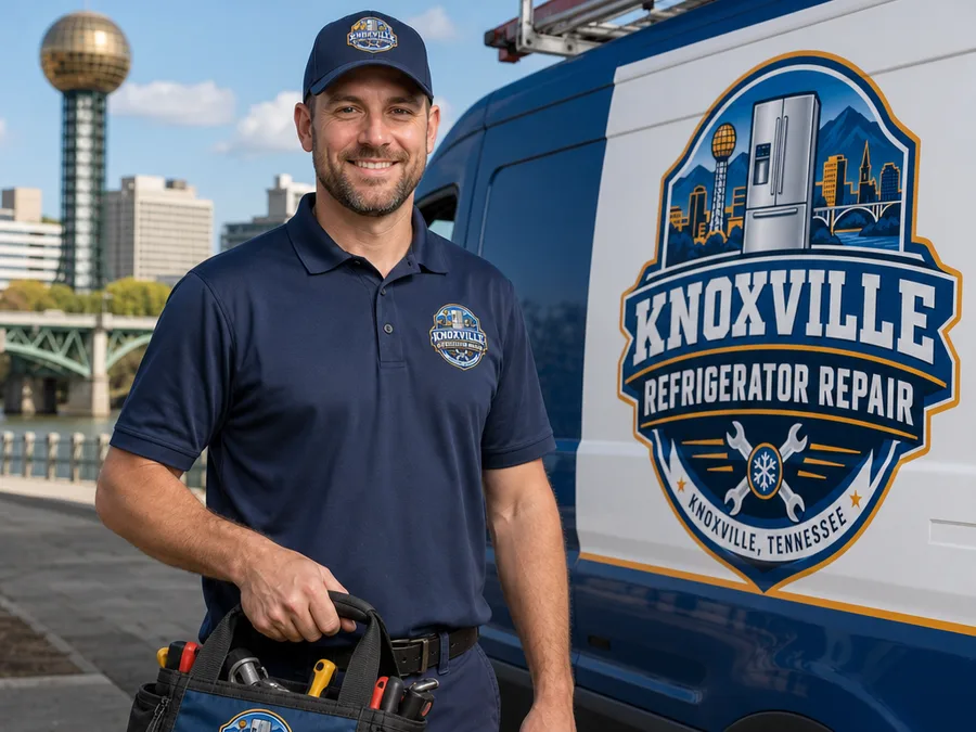 Appliance repair technician beside a service vehicle in Knoxville